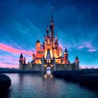 Twilight castle scene with blue and pink sky reflected in water