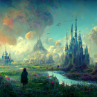 Fantasy landscape with whimsical structures, cloaked figure, glowing moon, planets, and flying creatures