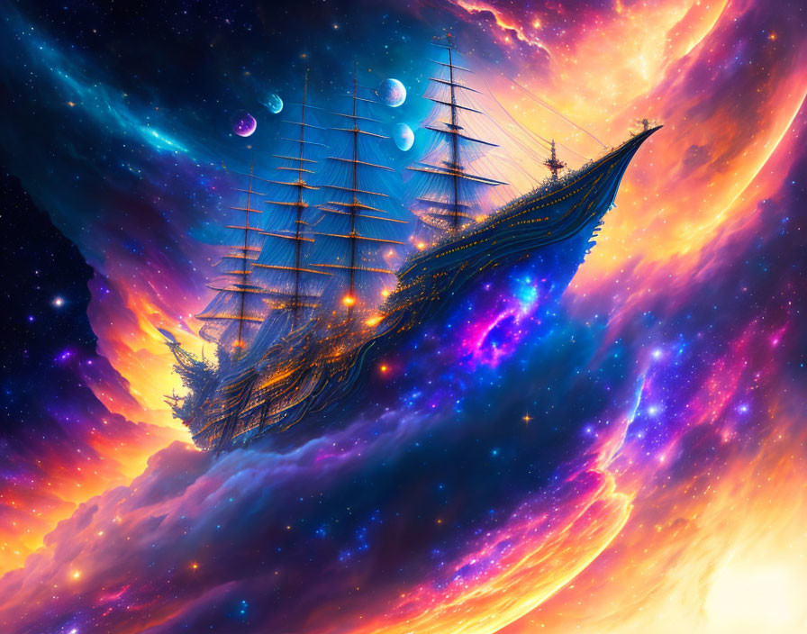 Majestic sailing ship in vibrant cosmos with nebulae and moons