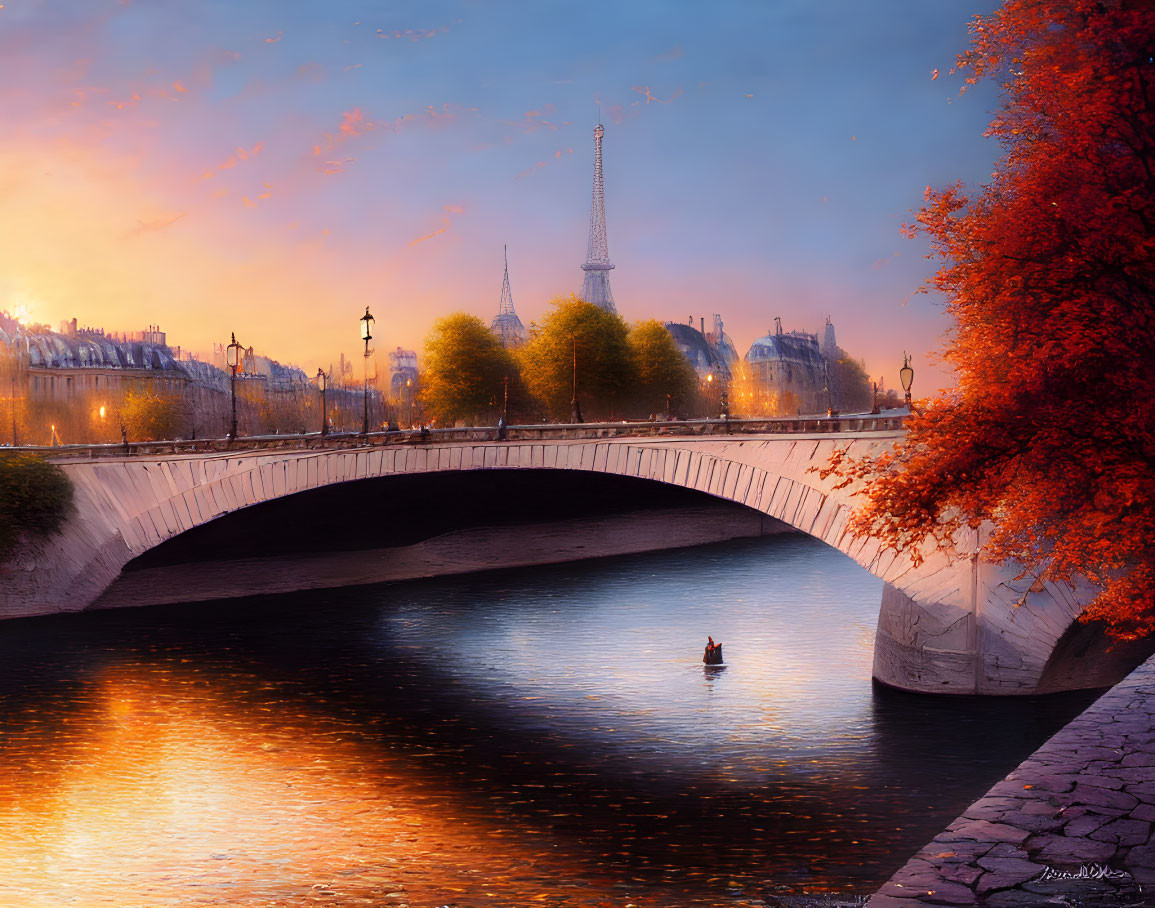 Autumn landscape with Eiffel Tower, Seine bridge, and boat in warm sunset.