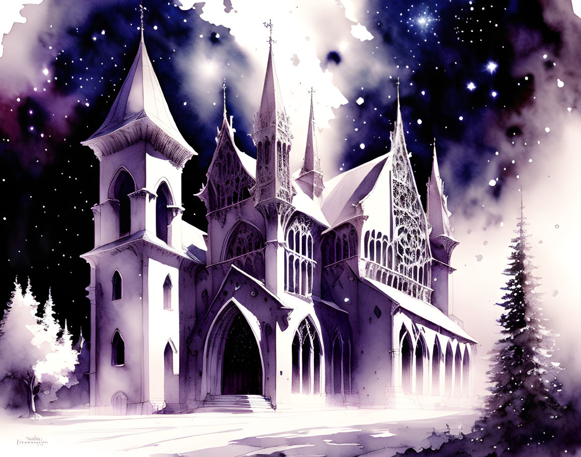 Gothic-style cathedral illustration at night with snow-covered trees