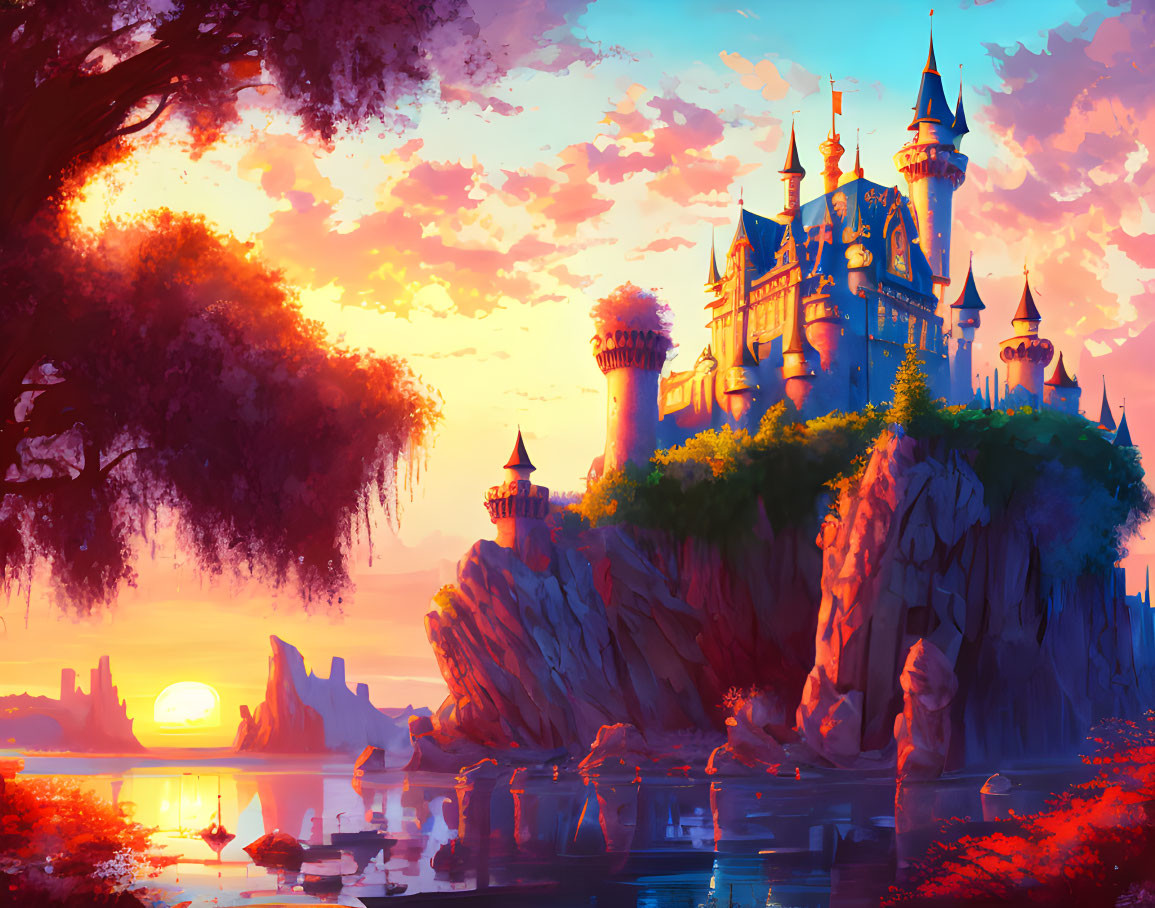 Colorful sunset castle on cliff with reflection in water