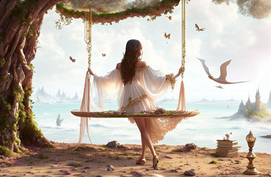 Woman in flowing dress gazes at seascape from swing with birds and books nearby