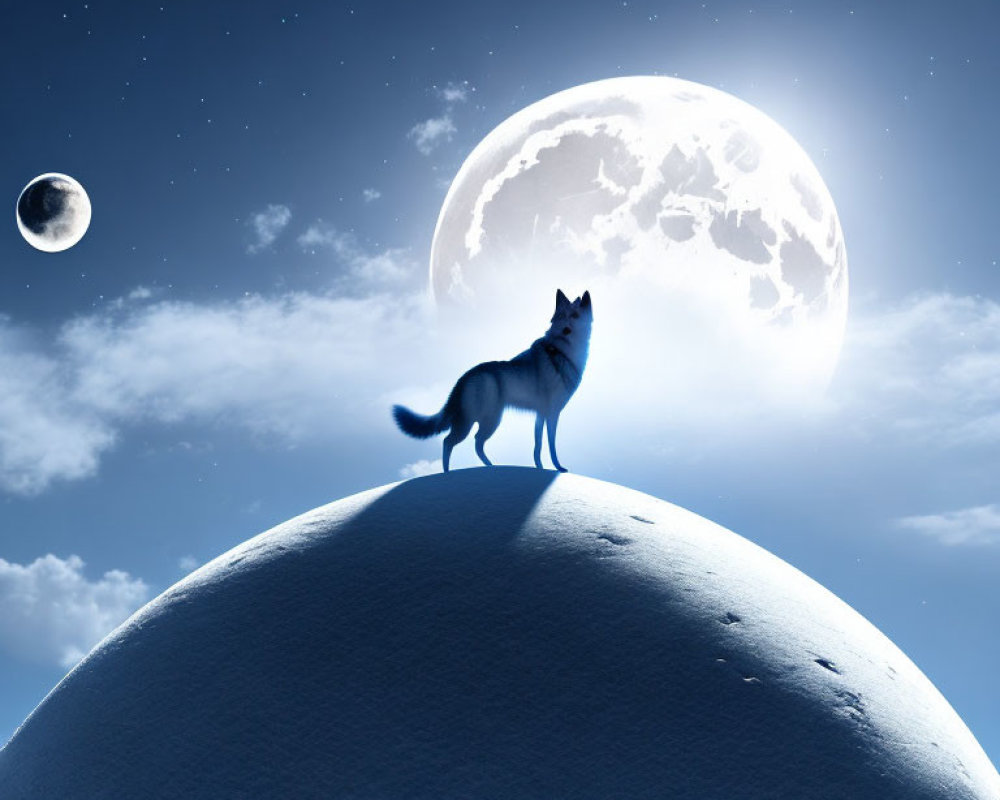 Lone wolf on snowy hill under night sky with oversized full moon