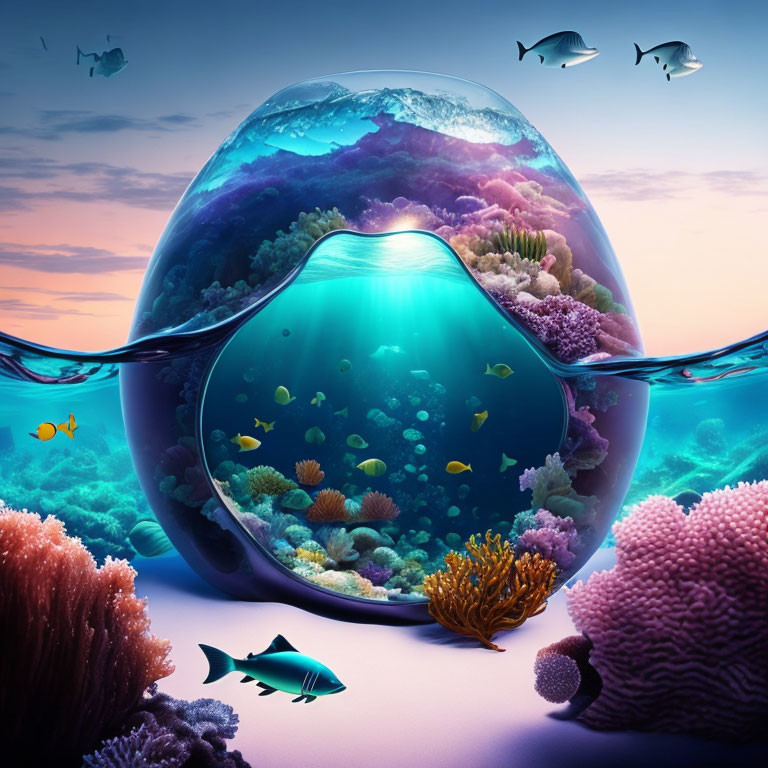 Surreal spherical aquarium with vibrant underwater scene and twilight sky