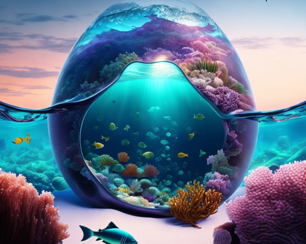 Surreal spherical aquarium with vibrant underwater scene and twilight sky