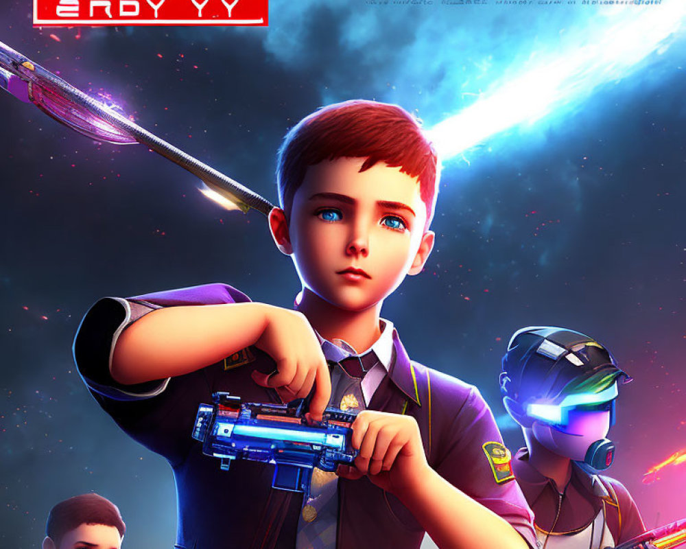 Stylized 3D animated image of red-haired boy with blaster and masked figures