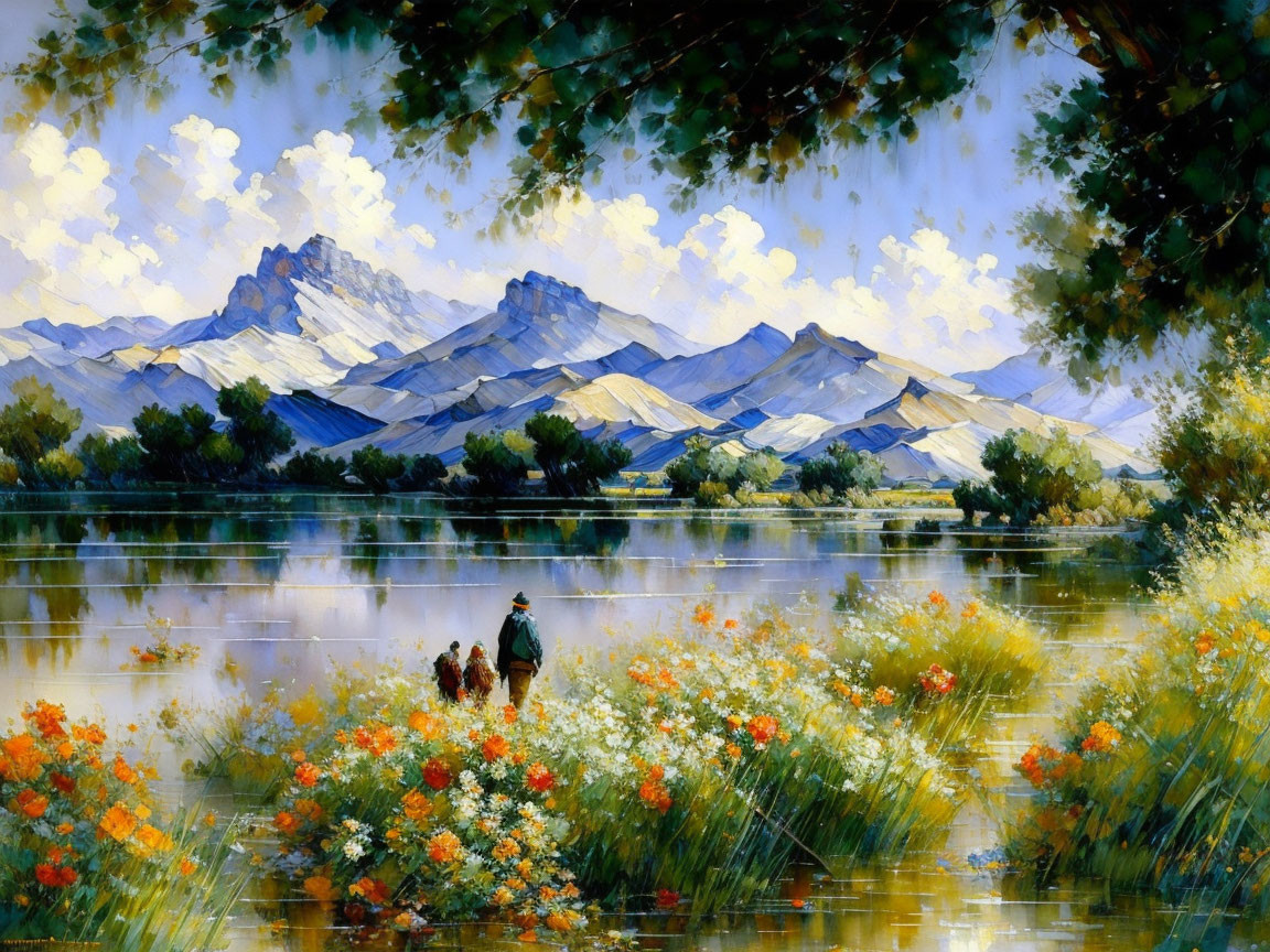 Tranquil landscape painting of riverside, flowers, figures, mountains, and sky