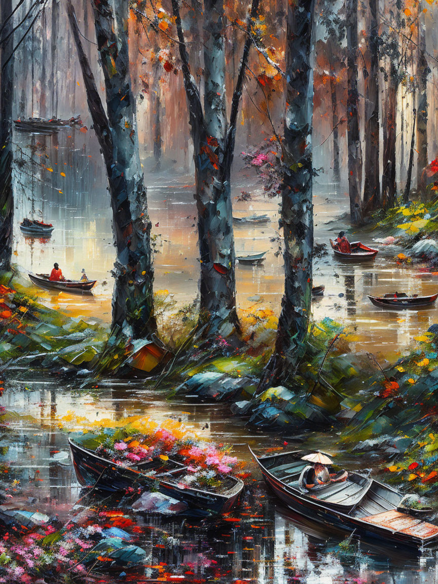 Serene forest painting with boats on calm river