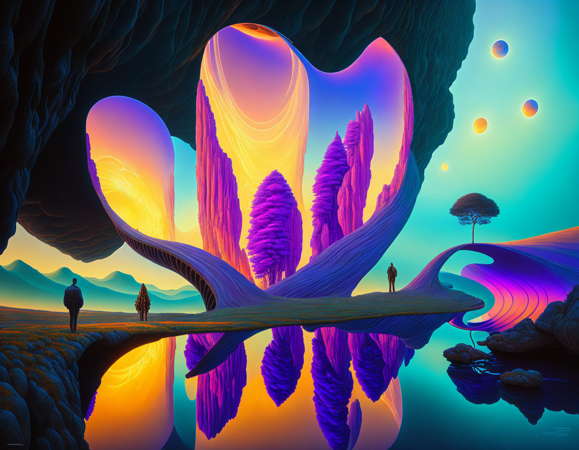 Vibrant purple and orange surreal landscape with figures and orbs