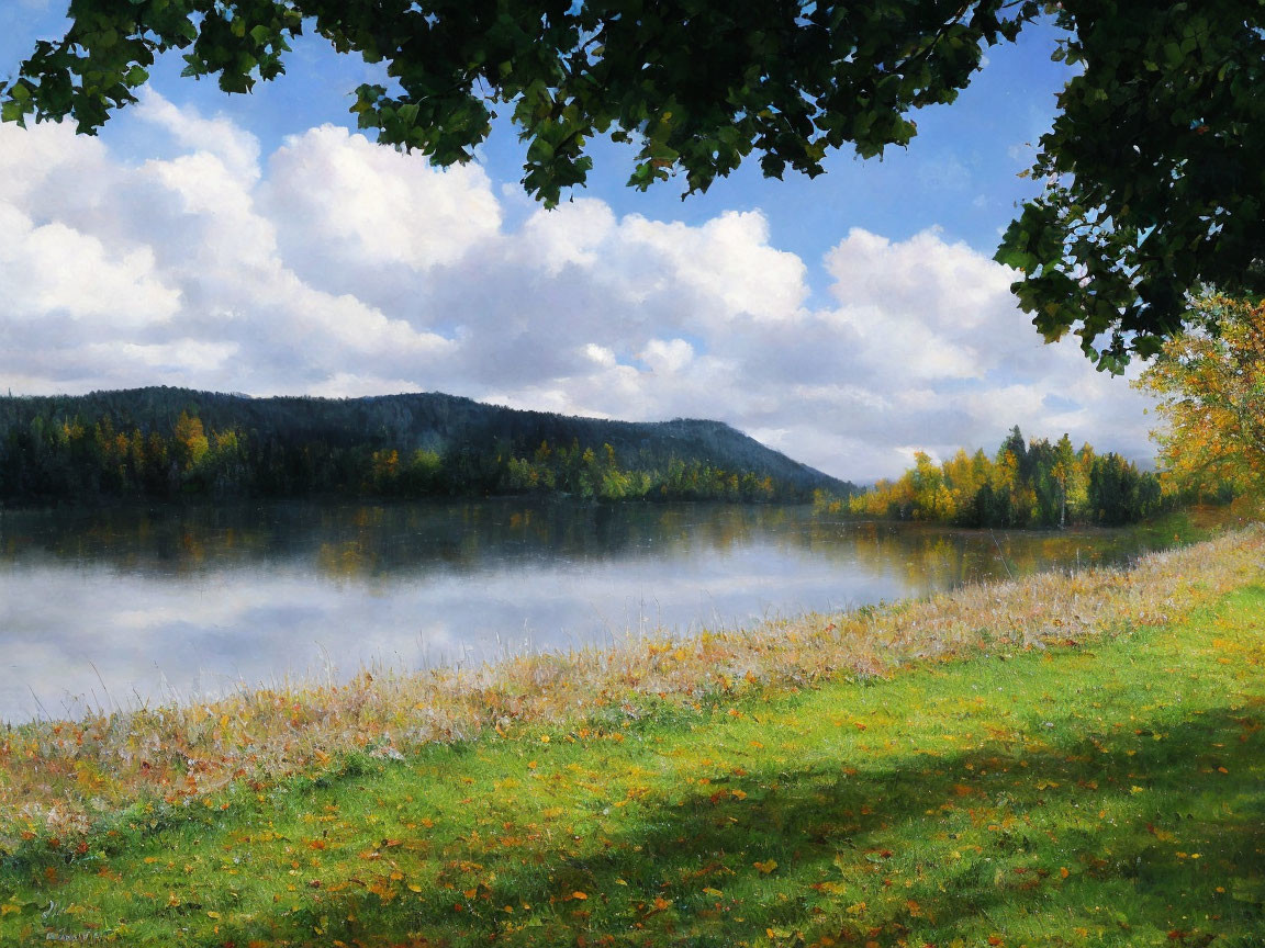 Tranquil autumn lake scene with cloudy sky reflection