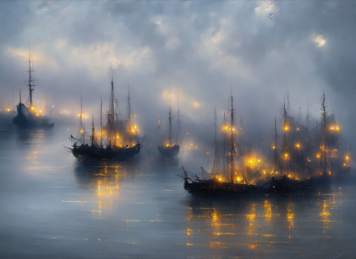 Historic sailing ships in mystical fog on calm waters