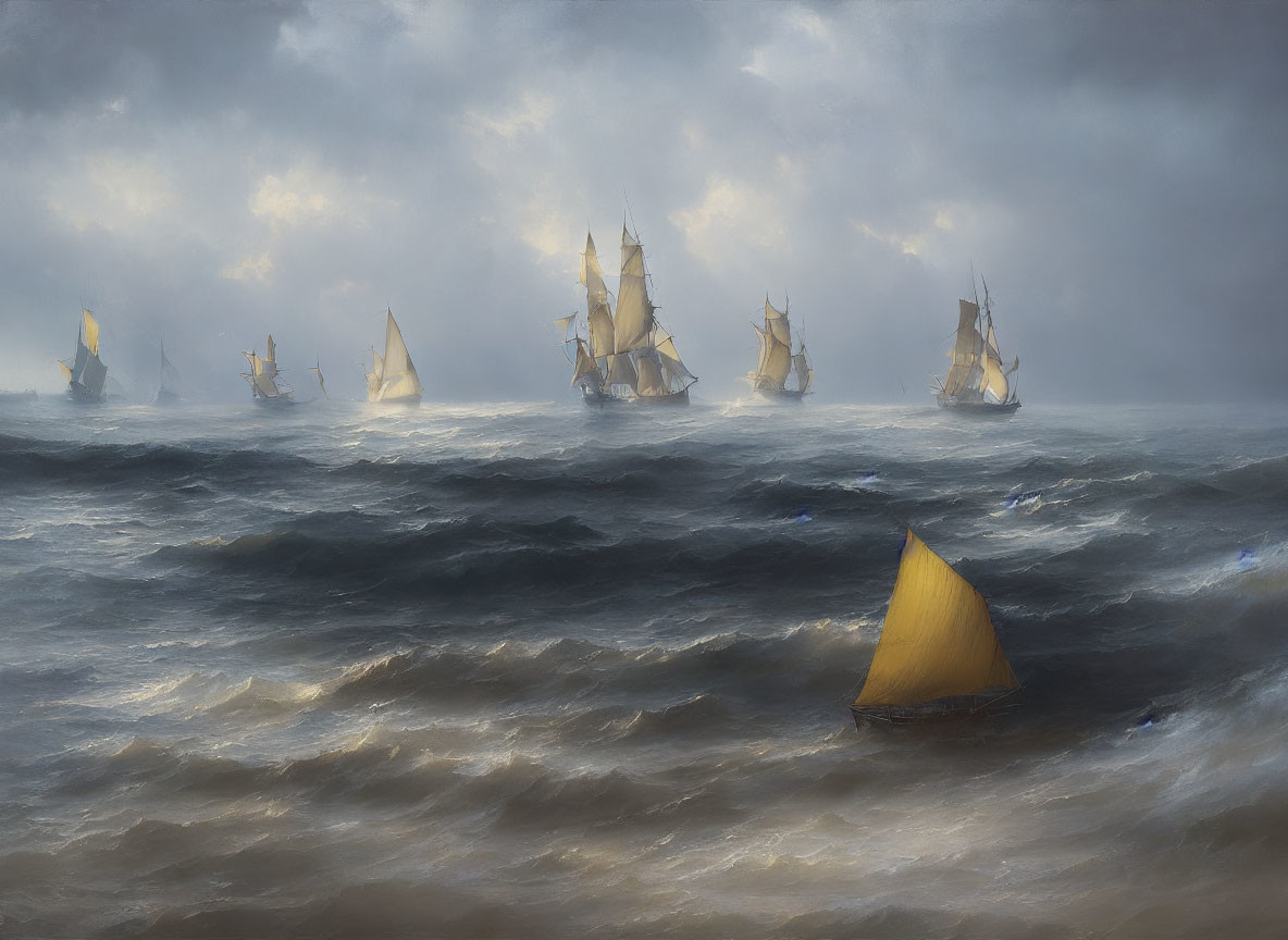 Tall ships with billowing sails in stormy sea