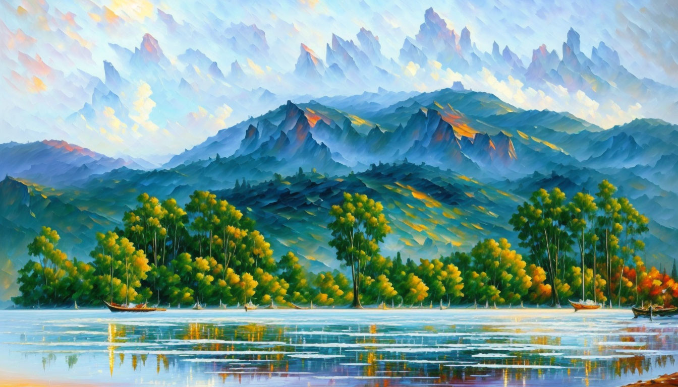 Impressionist-style painting: Tranquil lake, colorful foliage, mountains, pastel sky