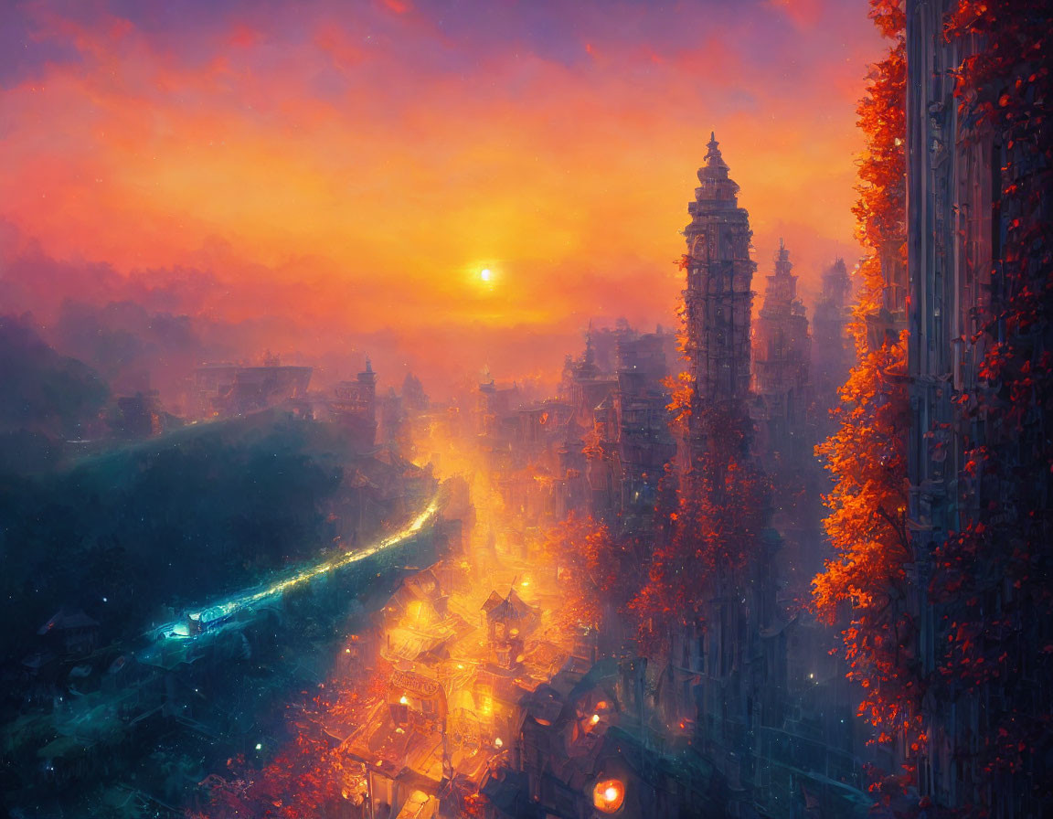 Mystical city digital artwork: sunset, orange skies, towers, lights, autumn foliage