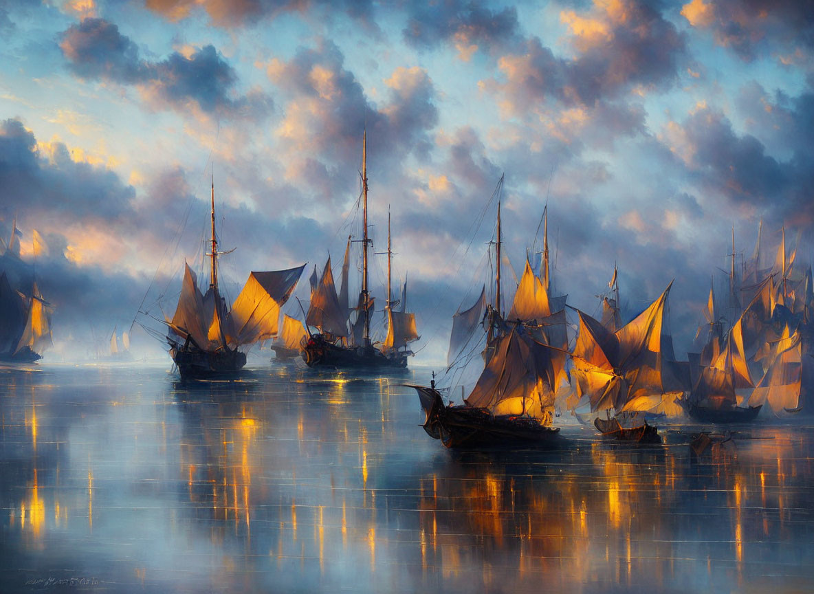 Sailing ships with billowing sails on misty sea at sunset.