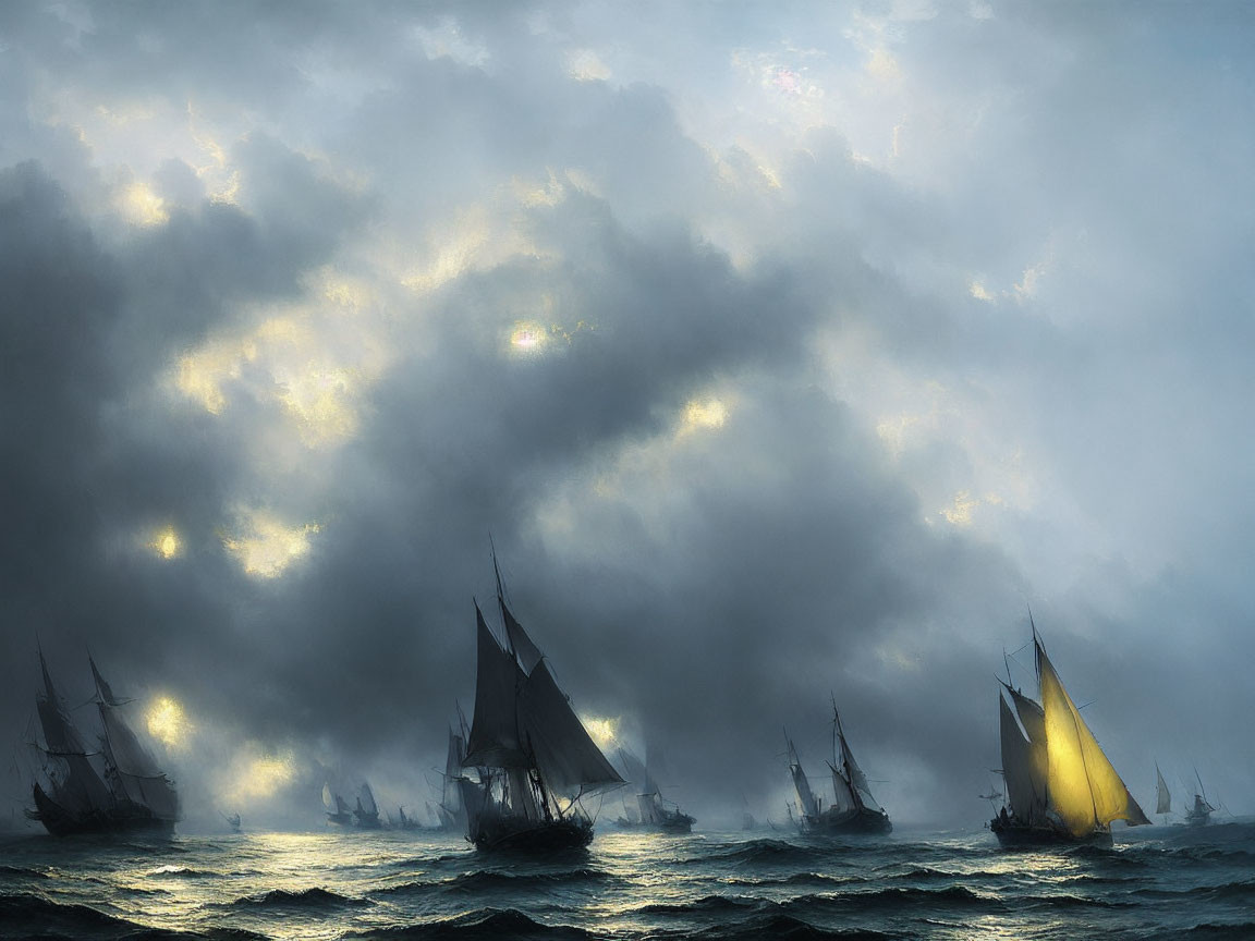 Tall ships sailing on tumultuous sea under dramatic sky