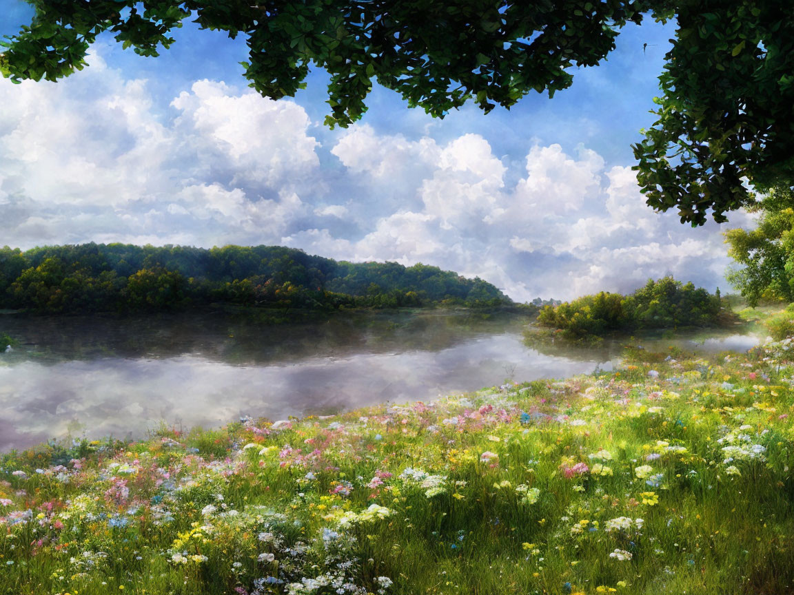 Tranquil landscape with misty river, lush meadow, wildflowers, and leafy trees