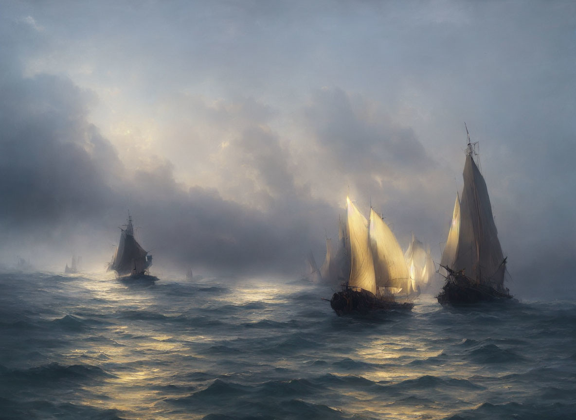 Stormy sea with three sailing ships under dramatic sky