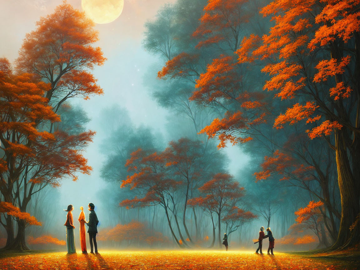 Misty forest with orange foliage and full moon ambiance.