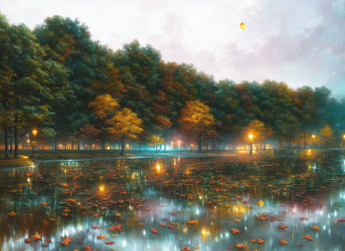 Tranquil autumn park with reflective lake and crescent moon