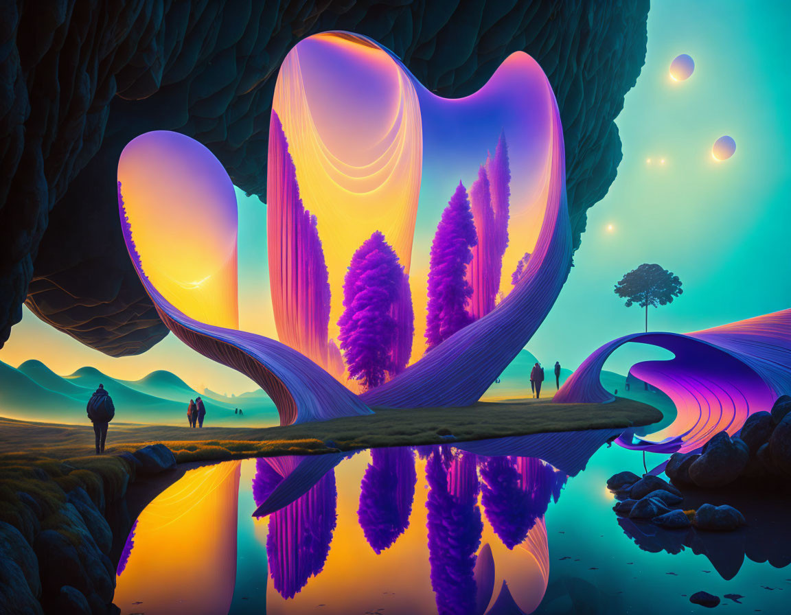 Vibrant surreal landscape with winding path, purple trees, whimsical structures, and multiple moons