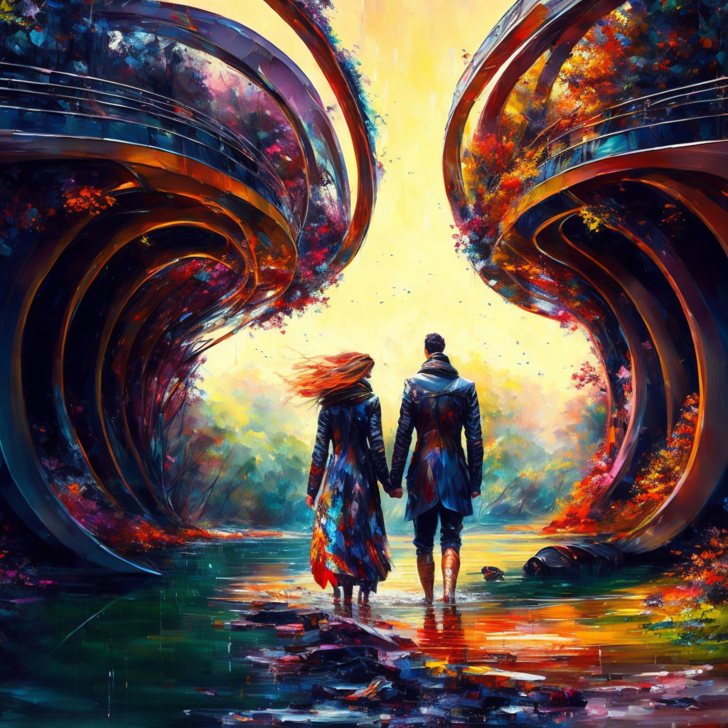 Couple holding hands in vibrant sunset landscape with swirling pathways.