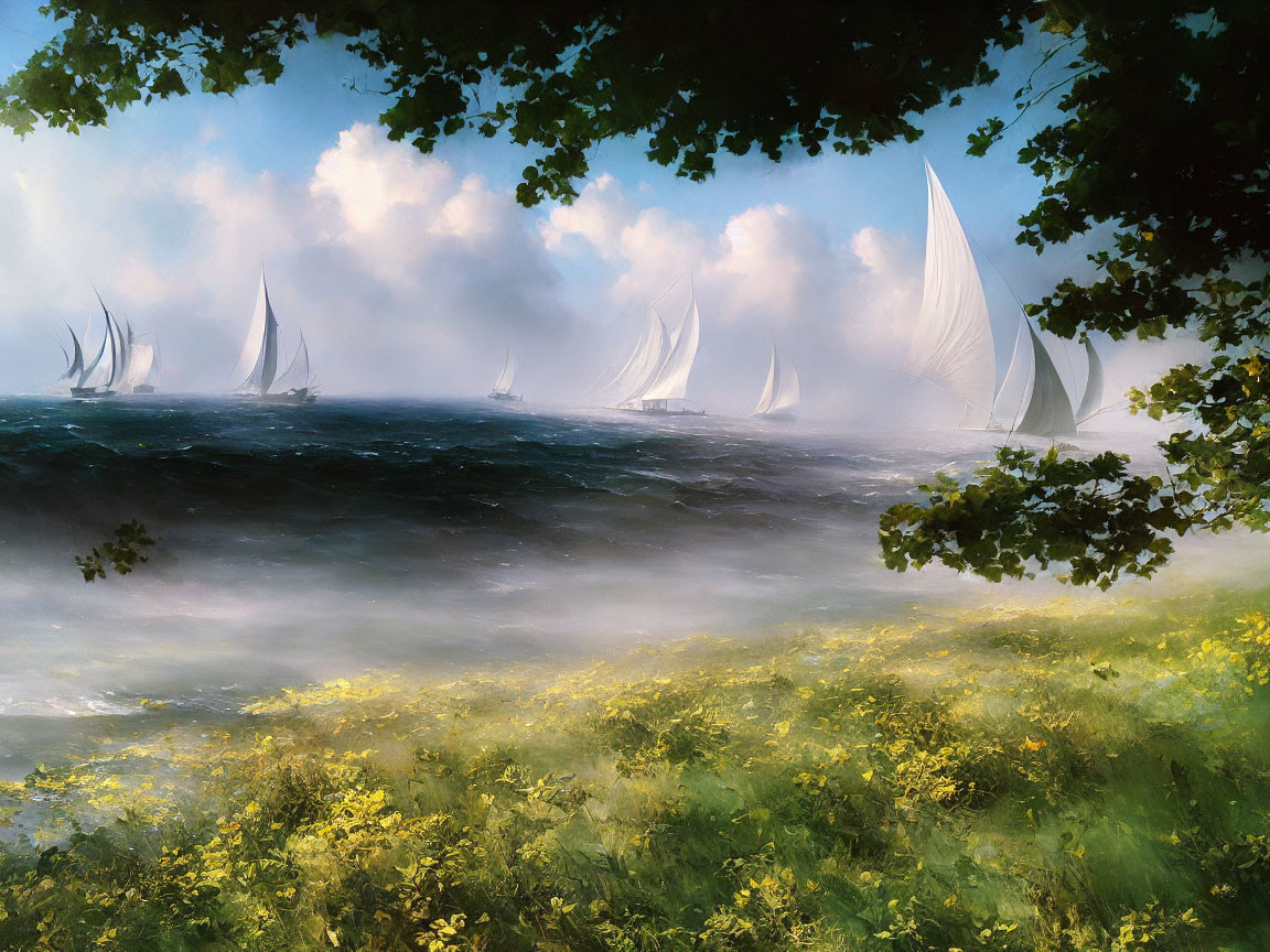 Sailboats racing on choppy waters in serene seascape