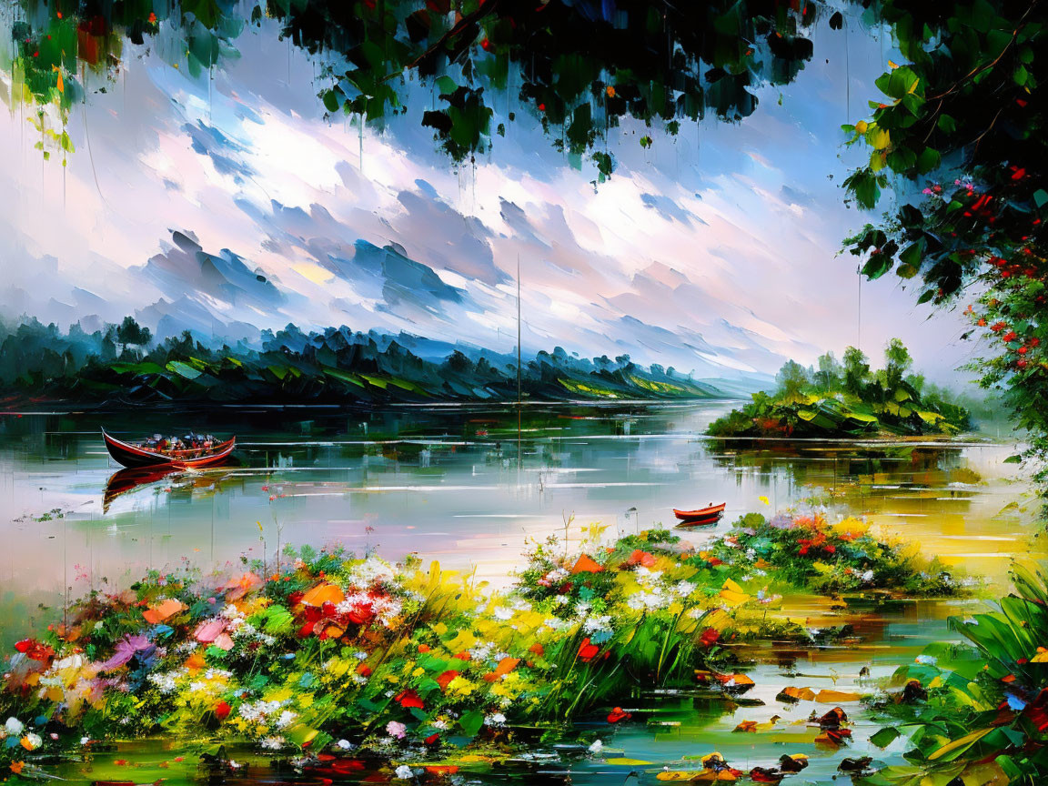 Colorful river scene with boats, foliage, flowers, and dynamic sky