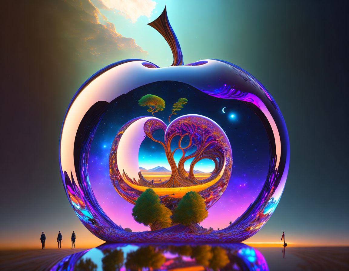 Surreal apple-shaped landscape with tree, twilight sky, small figures, glossy reflection