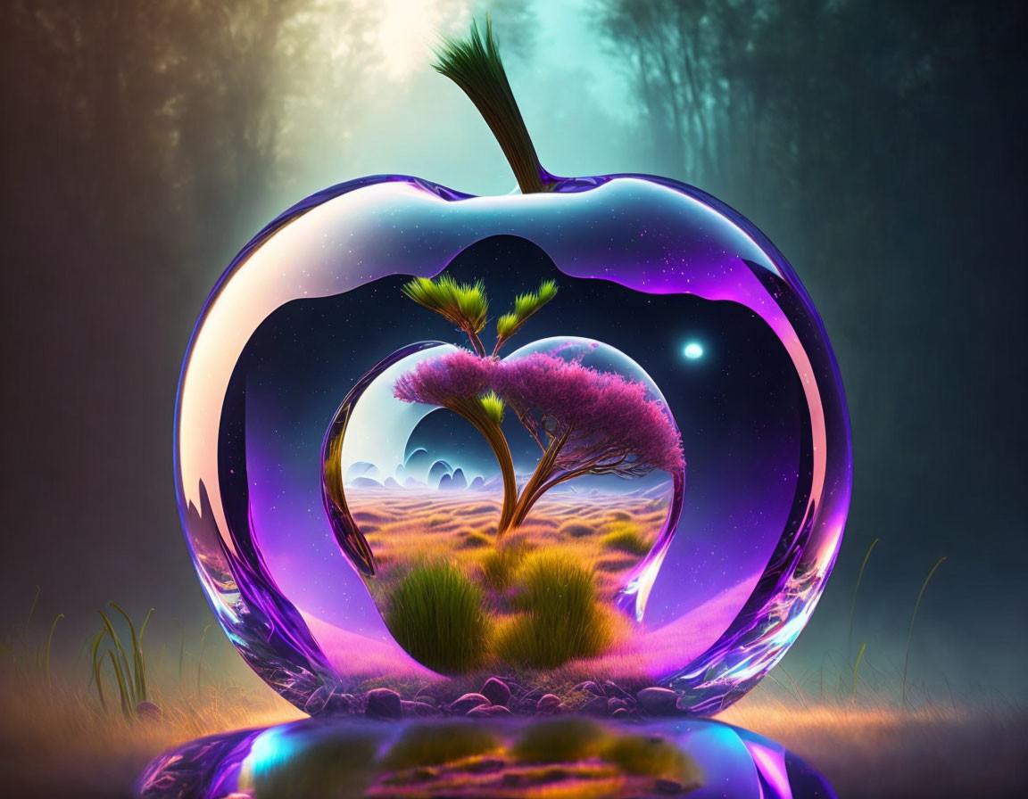 Colorful surreal apple illustration with cosmic landscape and pink tree under starry skies.