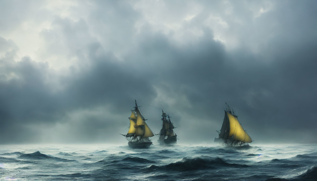 Sailing ships in stormy sea waters