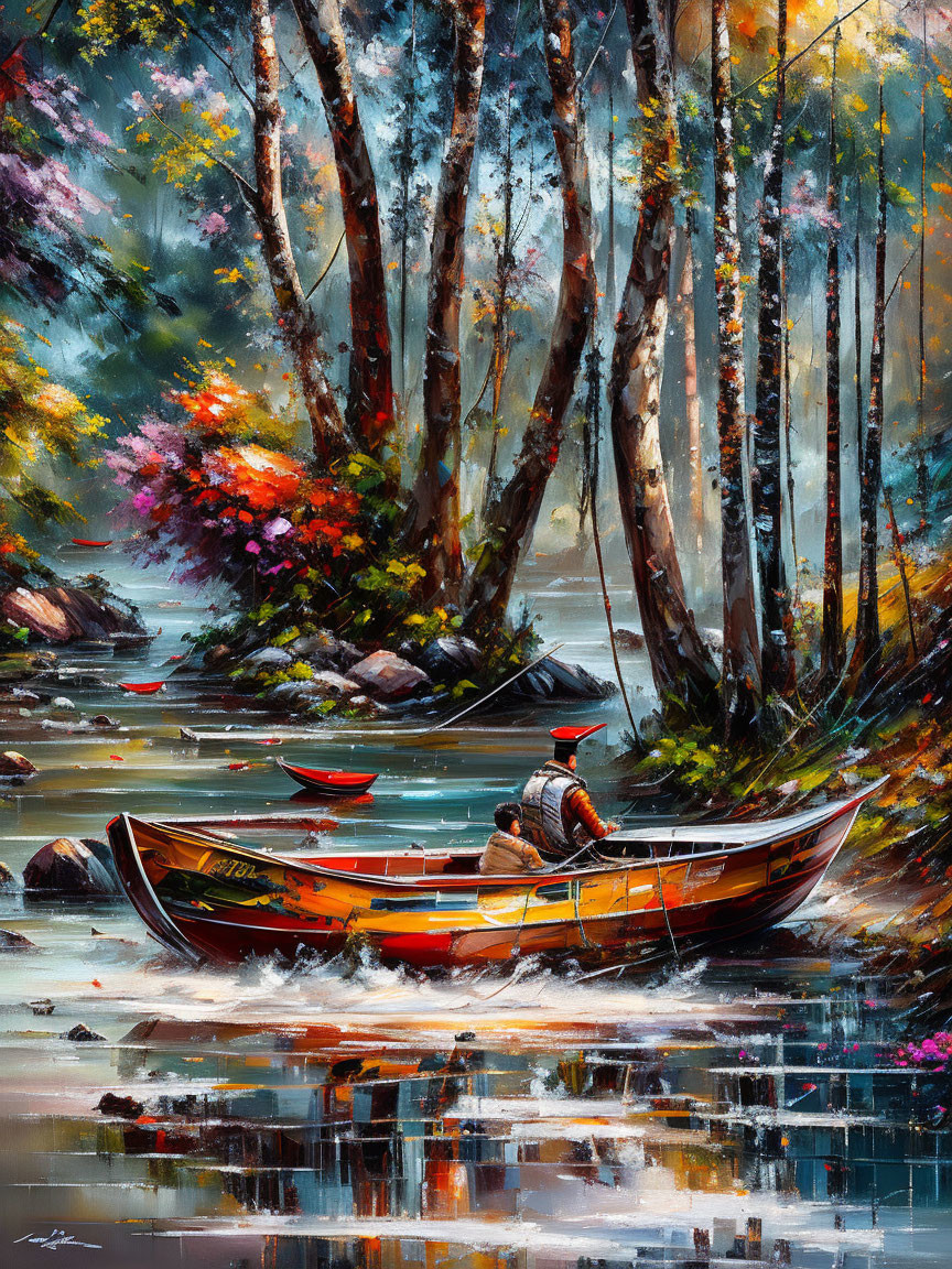 Person fishing in orange boat on serene river surrounded by lush foliage