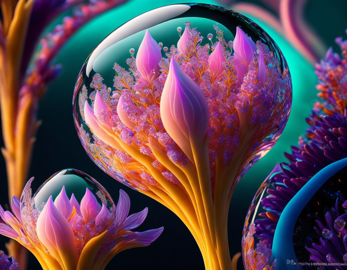 Colorful abstract digital art of intricate plant-like structures with reflective bubbles on teal background