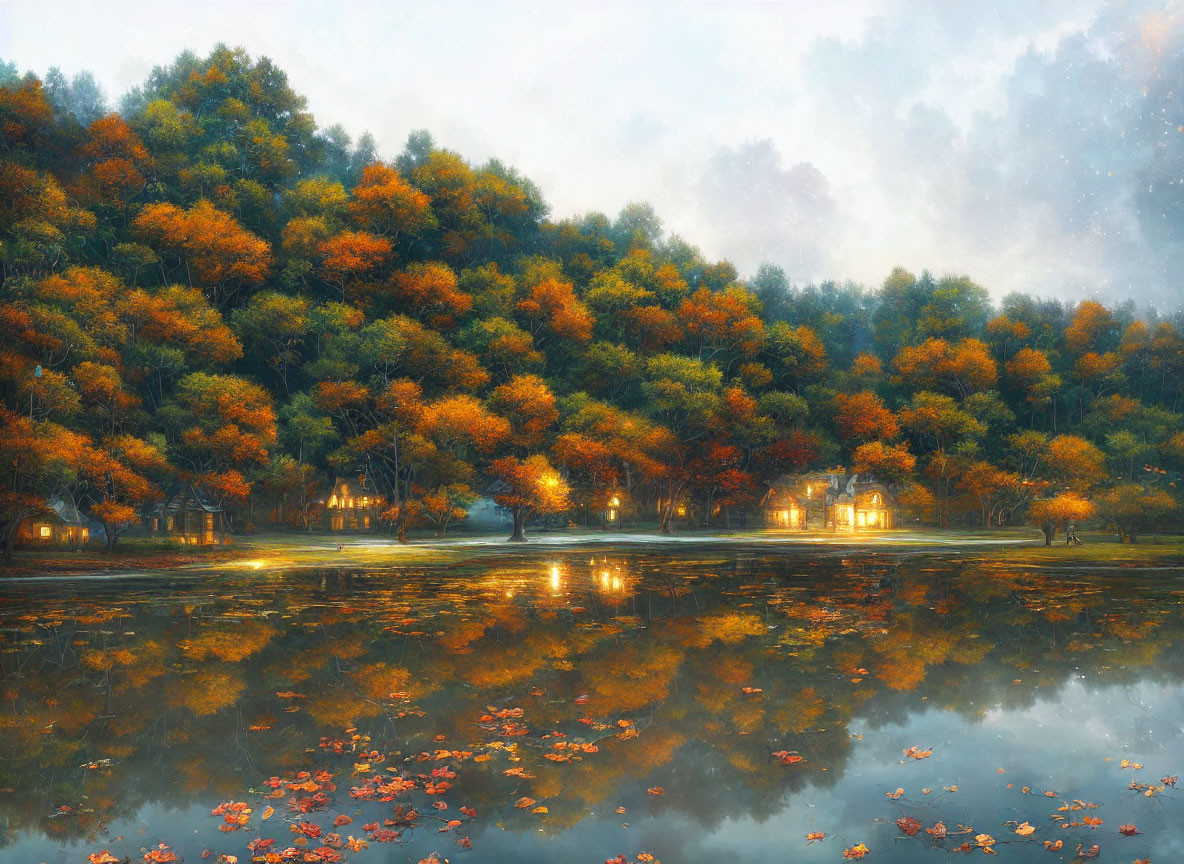 Autumn forest reflected in lake with cottage lights & leaves