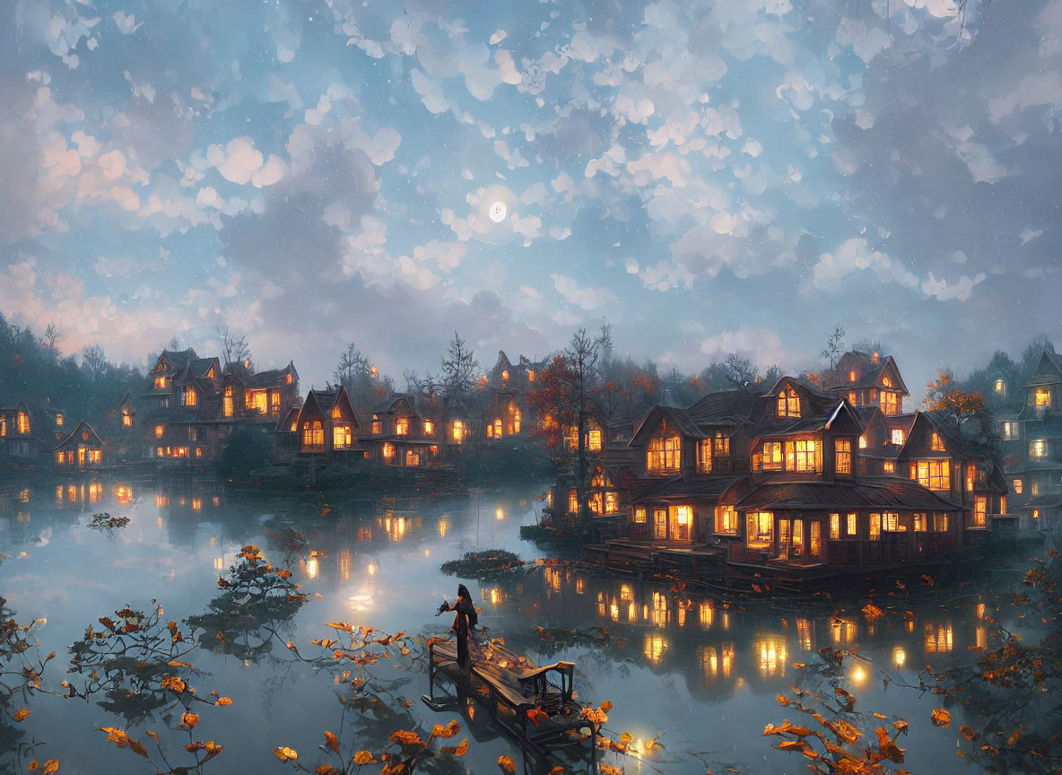 Moonlit Lakeside Houses with Fall Foliage and Person on Dock