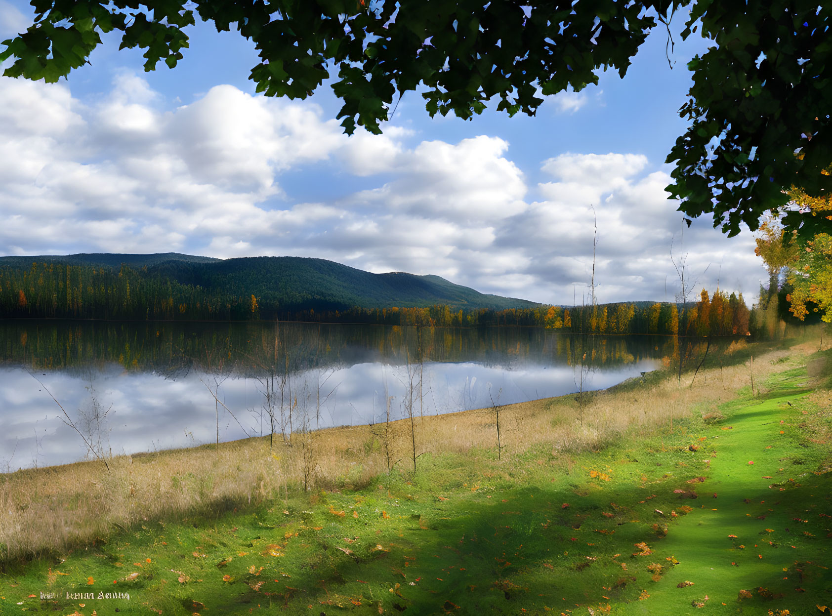 Tranquil Lake Reflecting Forested Hills and Autumn Foliage