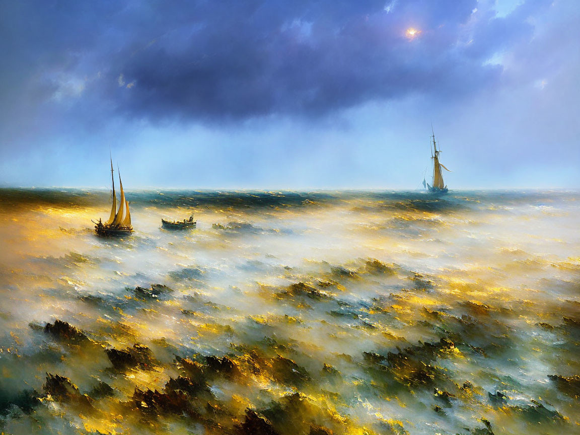 Golden sea with sailing ships under dramatic sky.