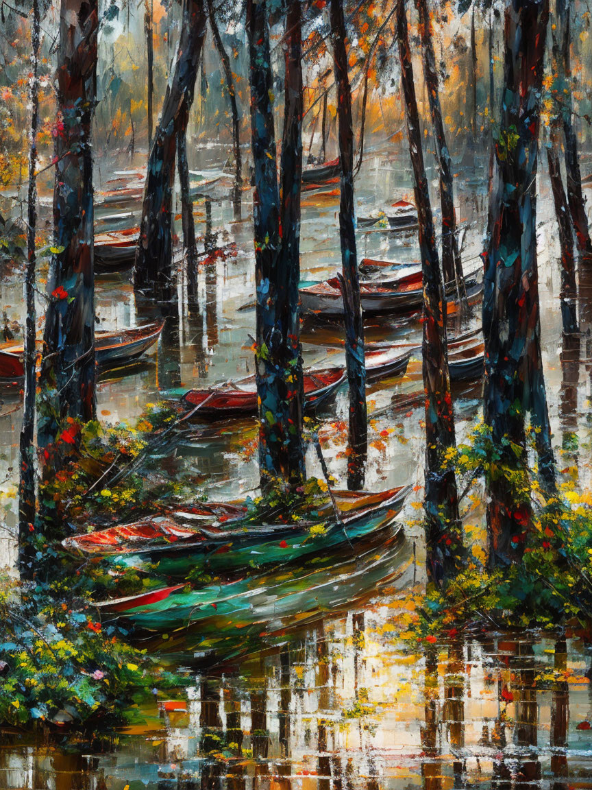 Impressionistic painting of boats and trees with water reflections