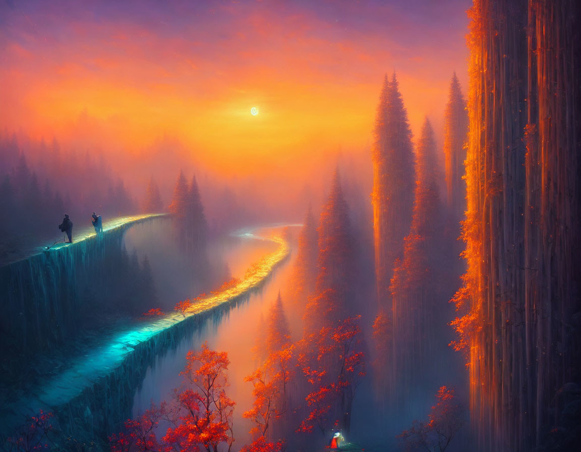 Mystical autumn forest: Two figures by river, tall trees, pink-orange sky