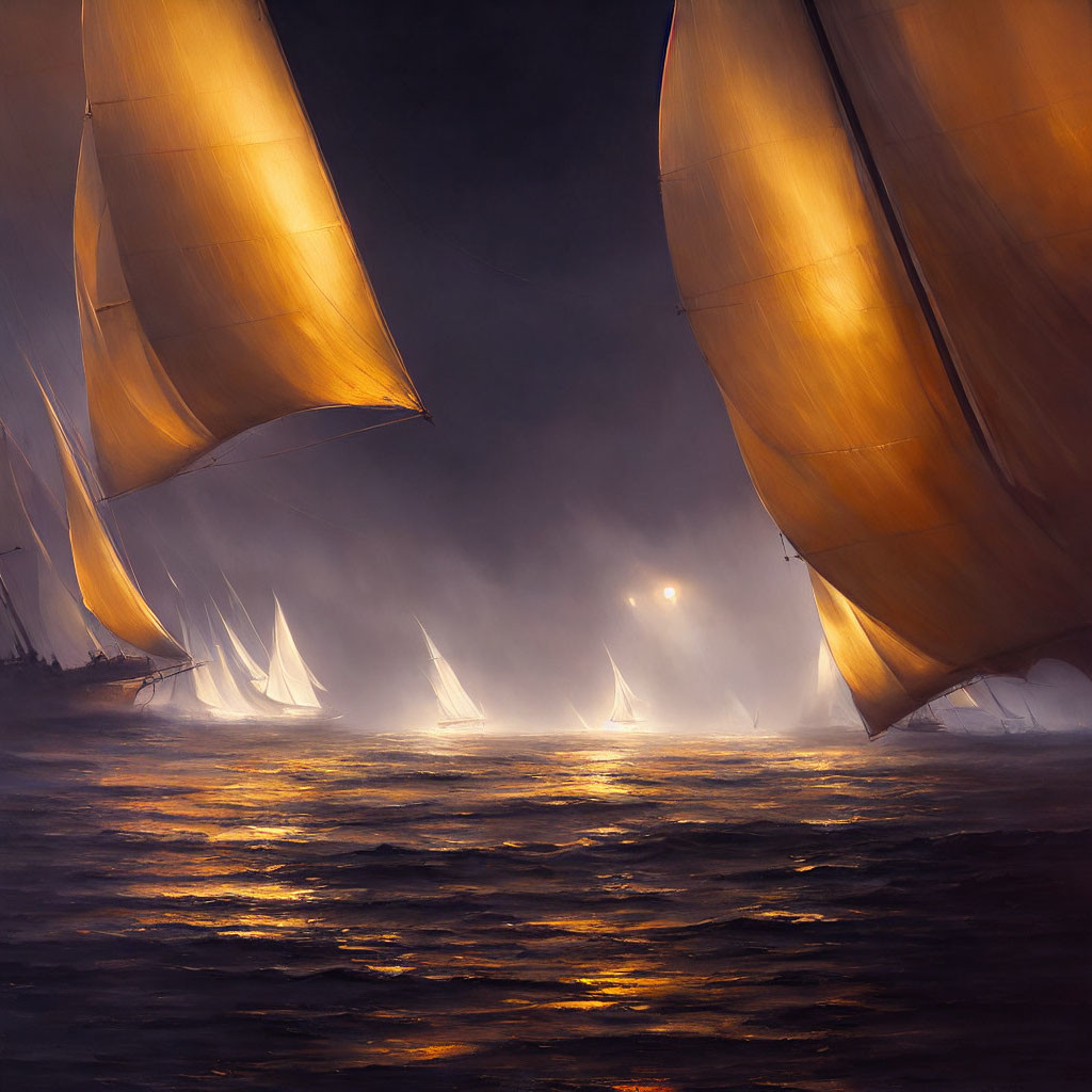 Sailing ships with billowing sails on misty waters at dusk