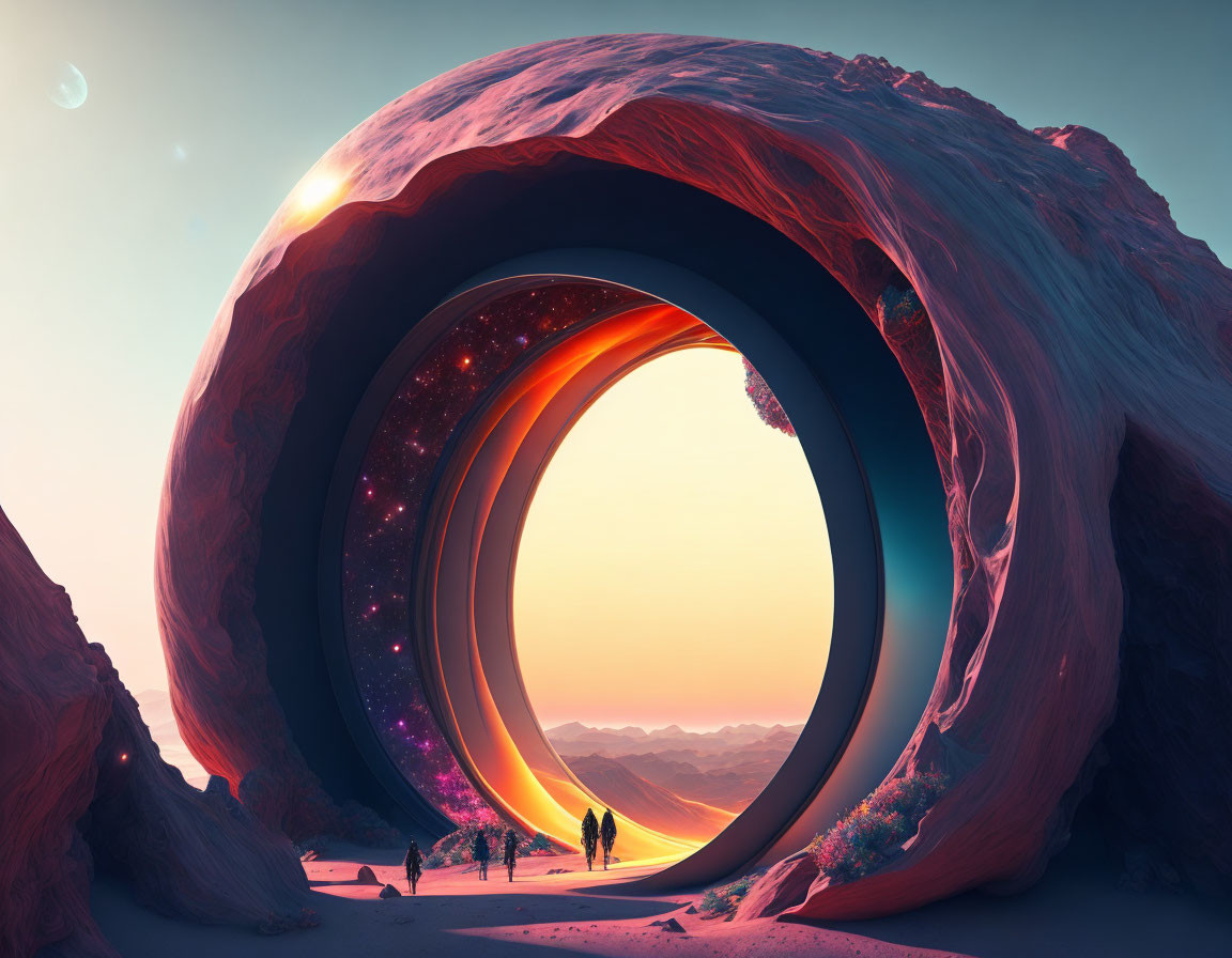 Enormous ring-shaped structure in fantastical landscape with silhouetted figures in surreal twilight environment