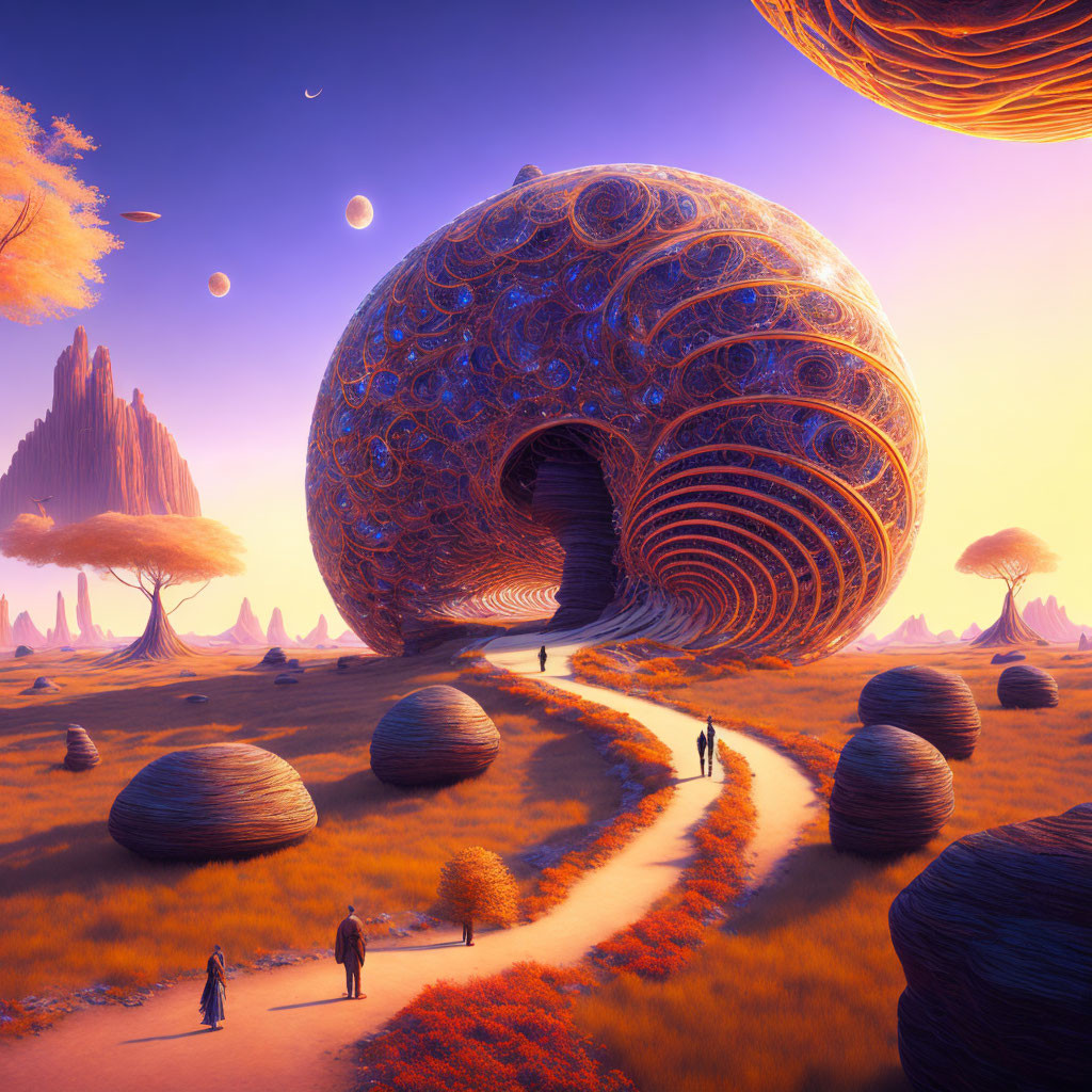 Surreal landscape with shell-like structure, people, orange foliage, and multiple moons.