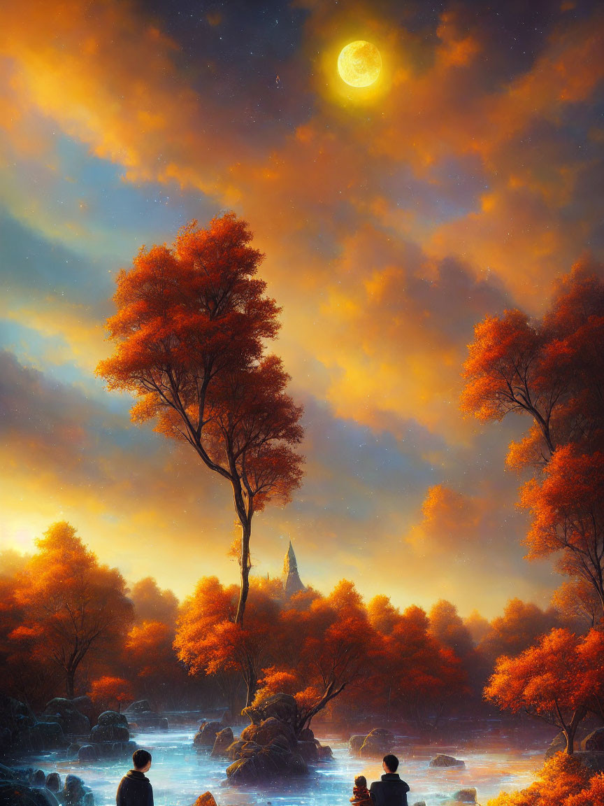 Fantasy landscape at dusk: glowing moon, orange trees, river, silhouetted figures,