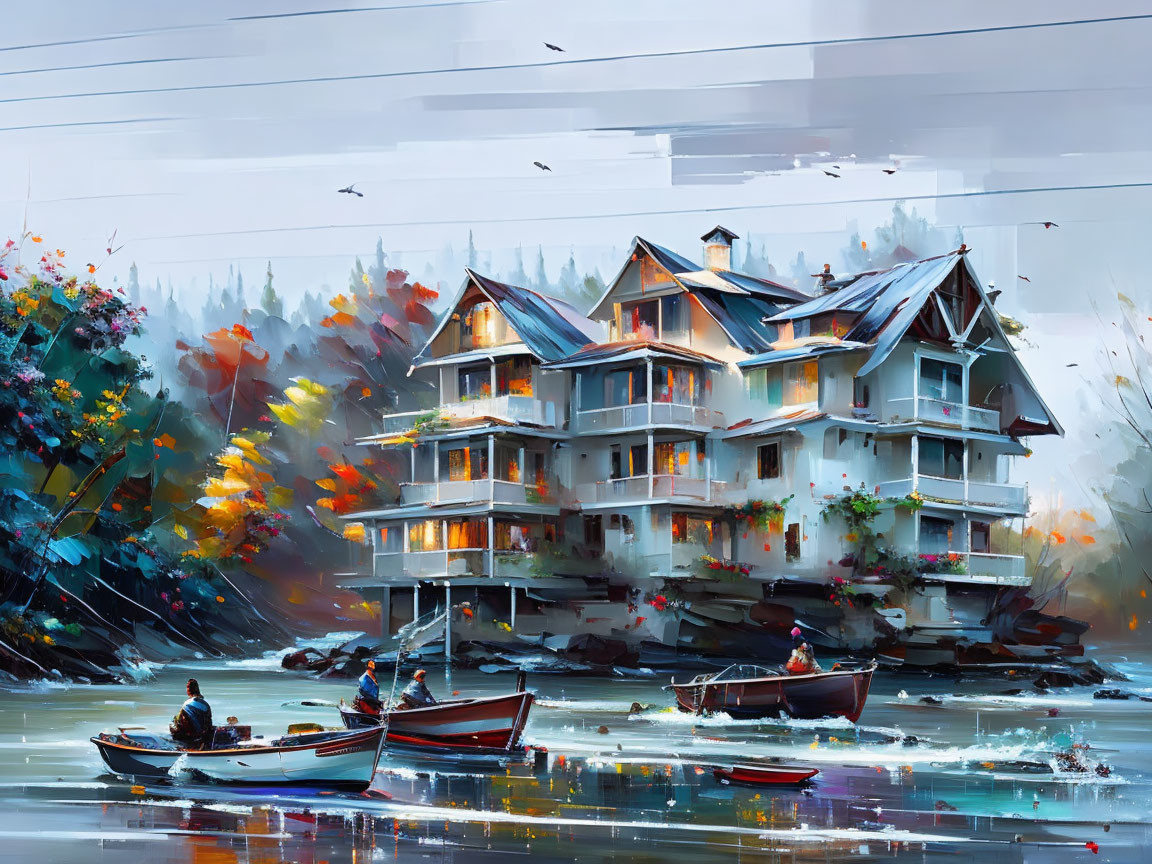 Colorful painting of waterfront house with boats, people, autumn trees, and birds.