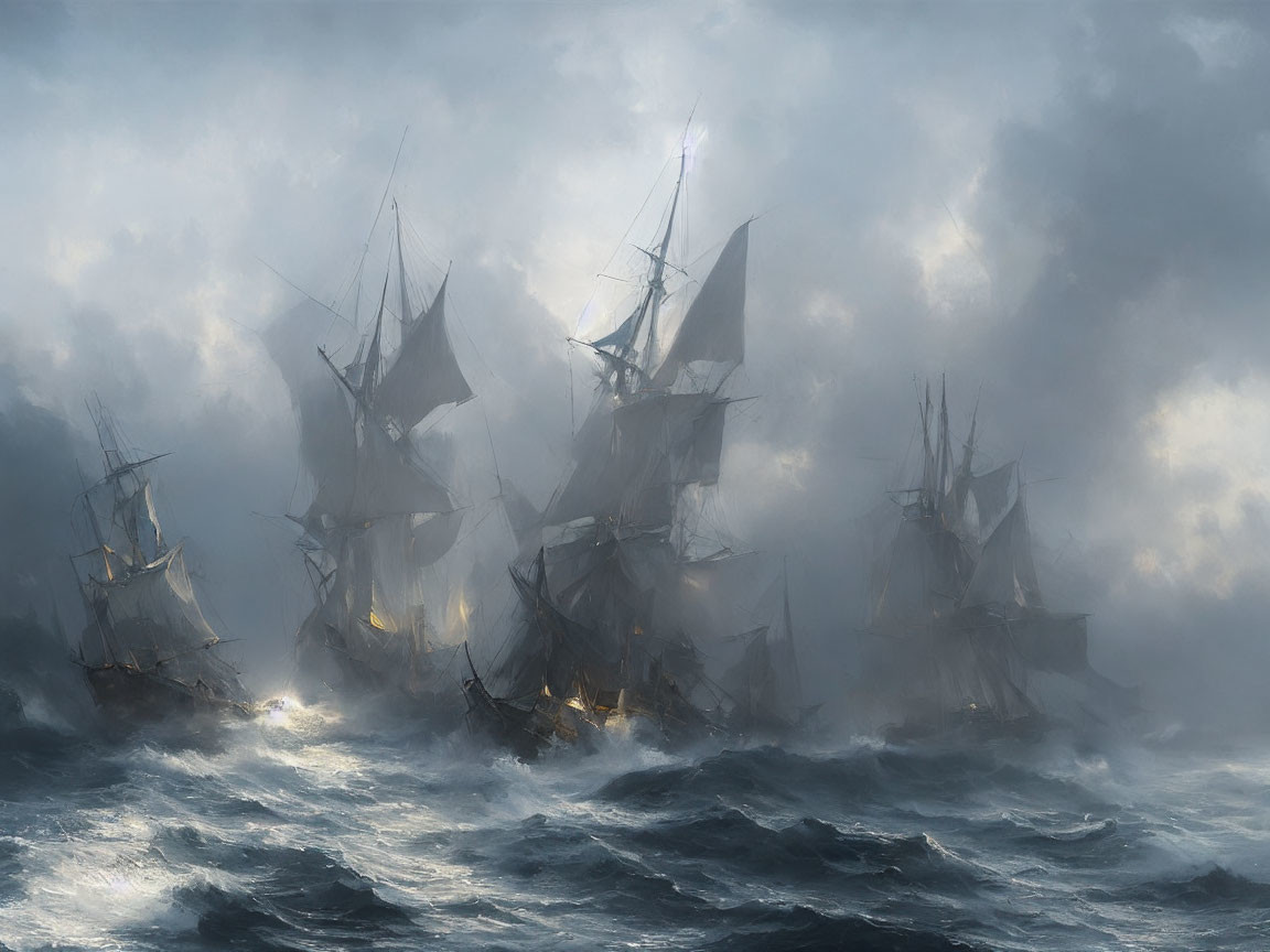 Stormy sea scene with sailing ships and billowing sails