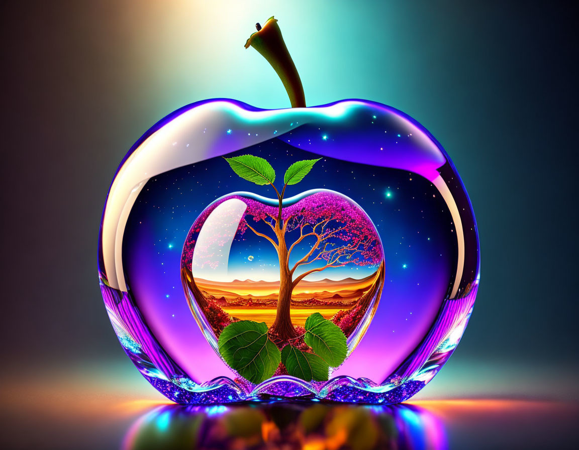 Surreal apple with cosmic scene and tree silhouette on gradient background