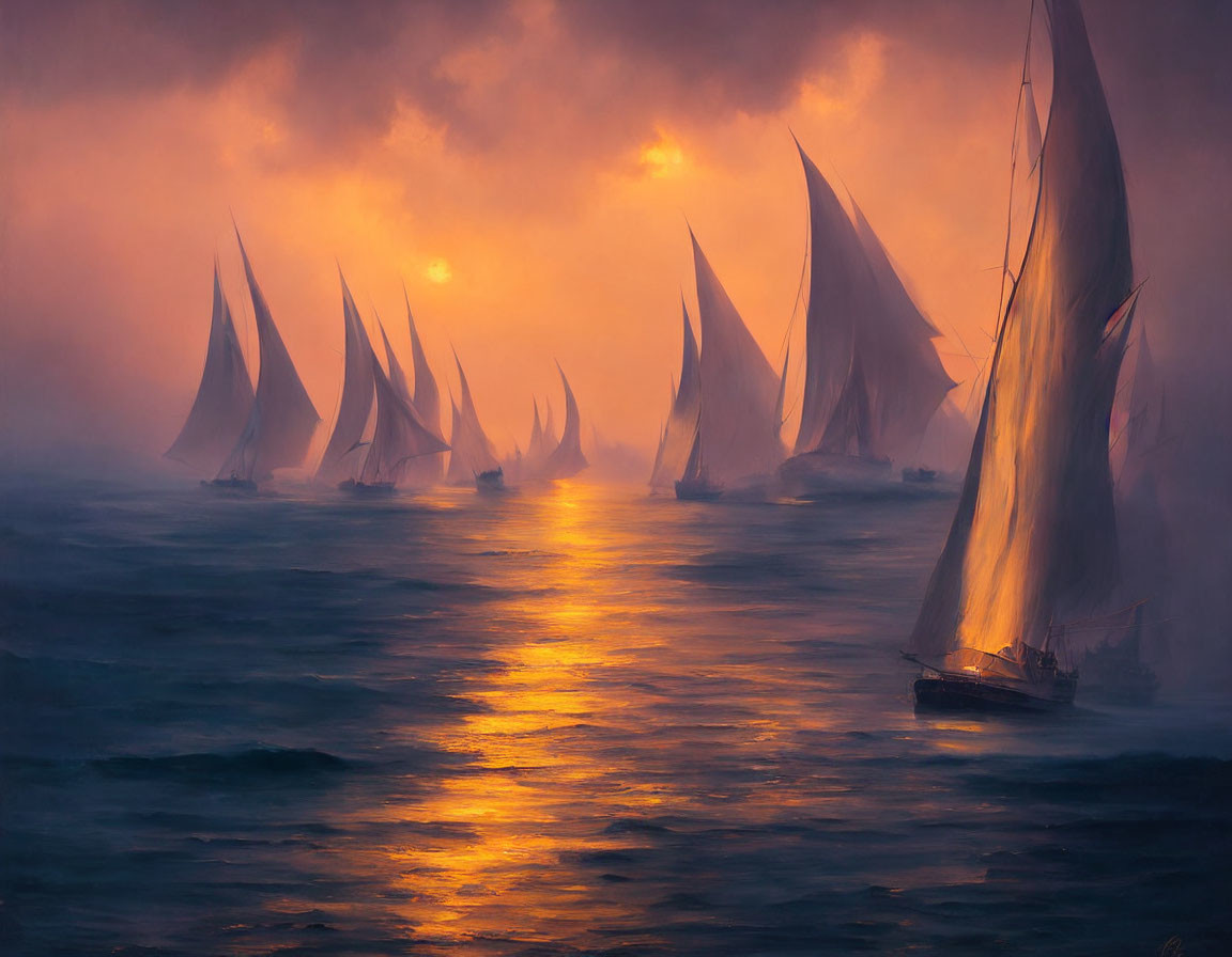 Sailboats with billowing sails on misty sea at warm sunset