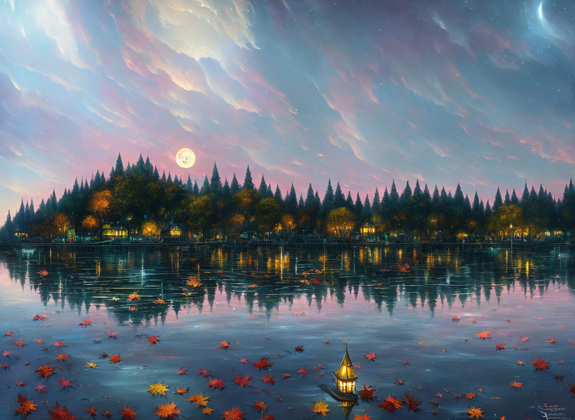 Tranquil lakescape at dusk with autumn foliage and starlit sky