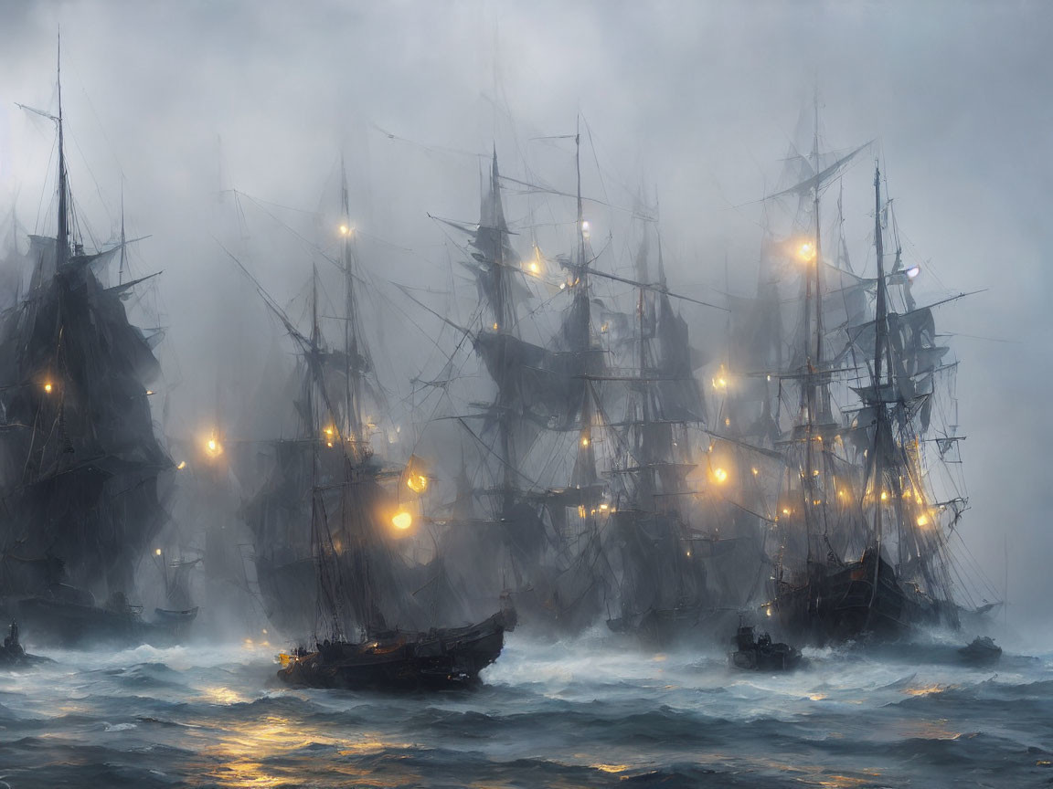 Tall ships with lit lanterns in fog over dark blue waters